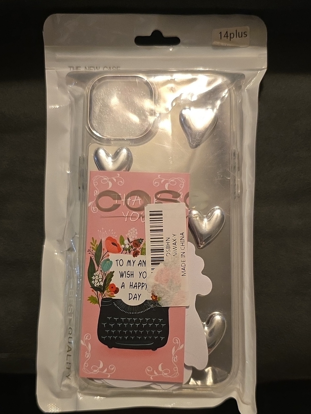 iPhone 14 Plus clear TPU case 3D silver metallic hearts